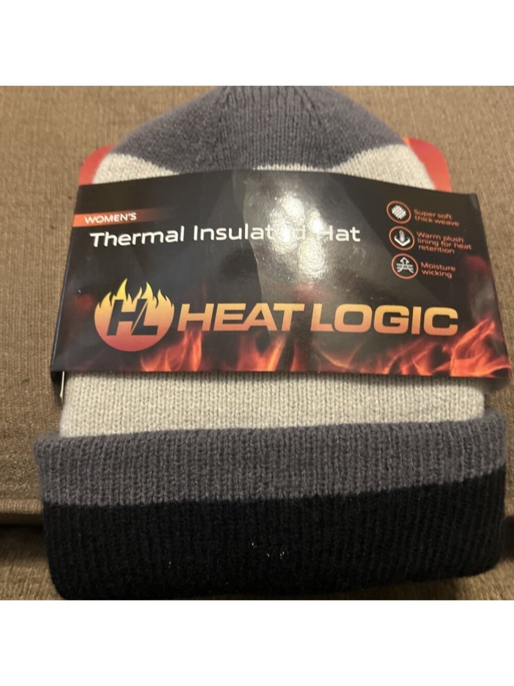 Heat Logic Women Thermal Knit Hat Black & Gray Ribbed Beanie Double Layer Thick